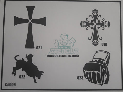 Airbrush Tattoo CS006 Cross 21, Cross 19, Bull Rider, MMA Glove,
